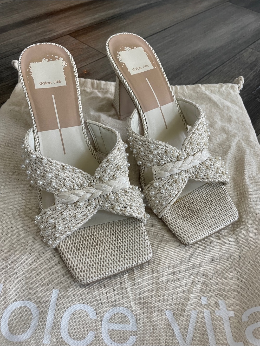 Dolce Vita Ivory Beaded Braided Block Heel Sandals